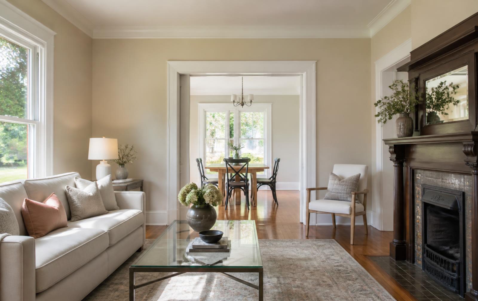 Living room of a restored pre-war home in Chantilly, Charlotte NC